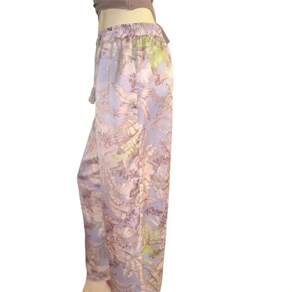 Women's XL Floral Wide-Leg Crop Pants Tassel Drawcord Pull-On​